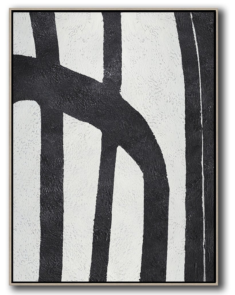 Hand-Painted Black And White Minimal Painting On Canvas - Abstract Acrylic Painting Bathroom Extra Large